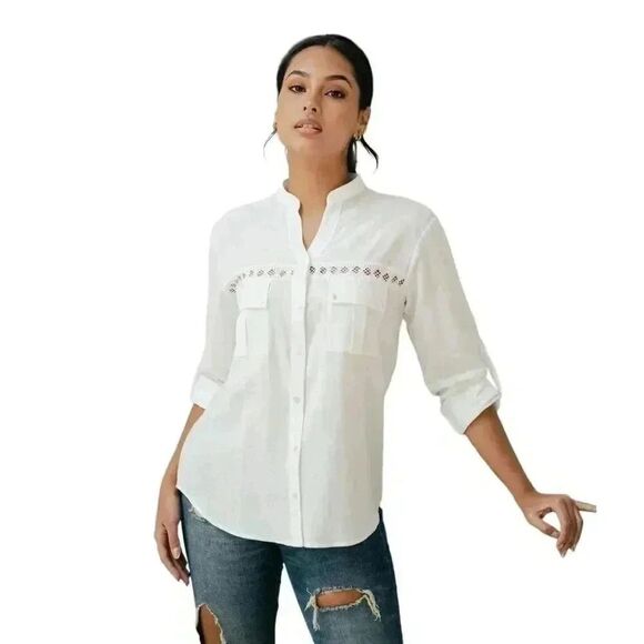 AO Aho Po'I Raity Women's White Cotton Button Down Top w Set In Lace Accents - Picture 1 of 13